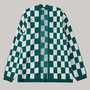 Green and White Checkered Women's Cardigan